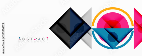 Geometric abstract design with layered triangles, circles, and gradients, forming a structured pattern with sharp contrasts and depth