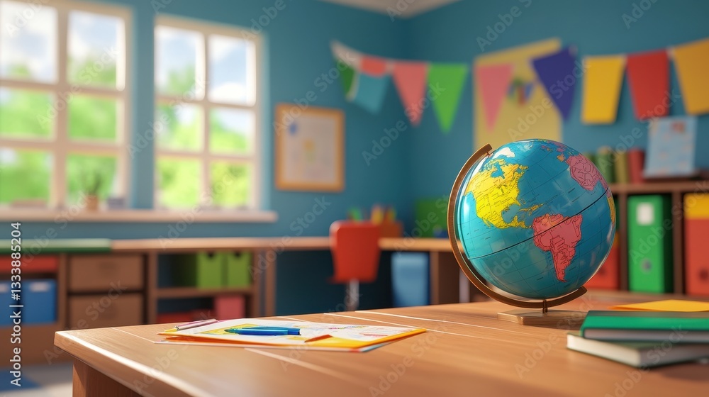 A Vibrant Classroom Setting with a Globe Centered on a Desk, Books, and Papers, Bright and Cheerful Atmosphere for Learning and Exploration A Vibrant Classroom Setting with a Globe Centered on a Desk, Books, and Papers, Bright and Cheerful Atmosphere for Learning and Exploration