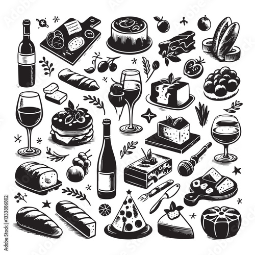 chalk food vector illustrations. wedding dinner icons, wine or champagne glass, cheese, and charcuterie drawings for wedding invitations, cafe menus, and parties vector silhouette