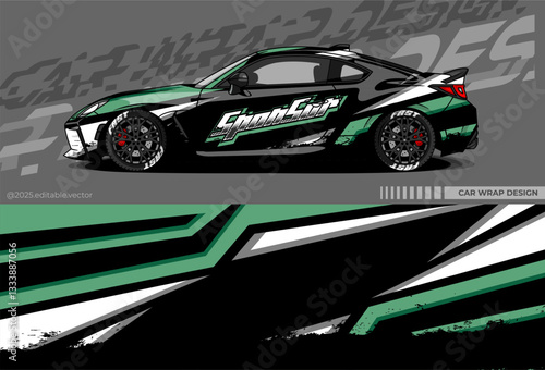Car wrap design vector with black, green, white colour. Abstract decal livery. Sticker vinyl body car. Suitable for racing, drift, rally or daily use 