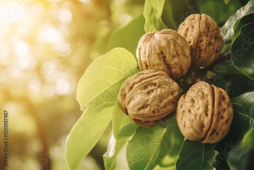 Ripe walnuts hanging on a branch, surrounded by green leaves, bathed in the warm glow of sunlight