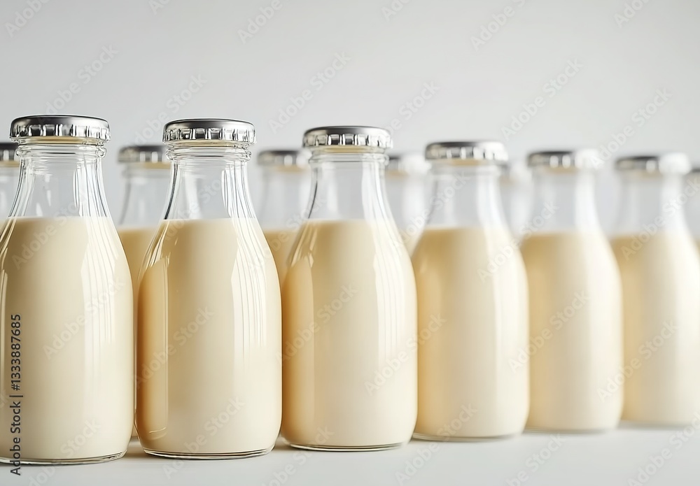 A straight line of glass milk bottles with white cream inside, isolated on a light grey background A straight line of glass milk bottles with white cream inside, isolated on a light grey background