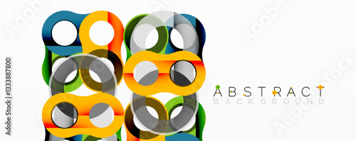 Abstract circle element composition with overlapping circular and tubular shapes featuring smooth gradients, transparency effects, and dynamic layering