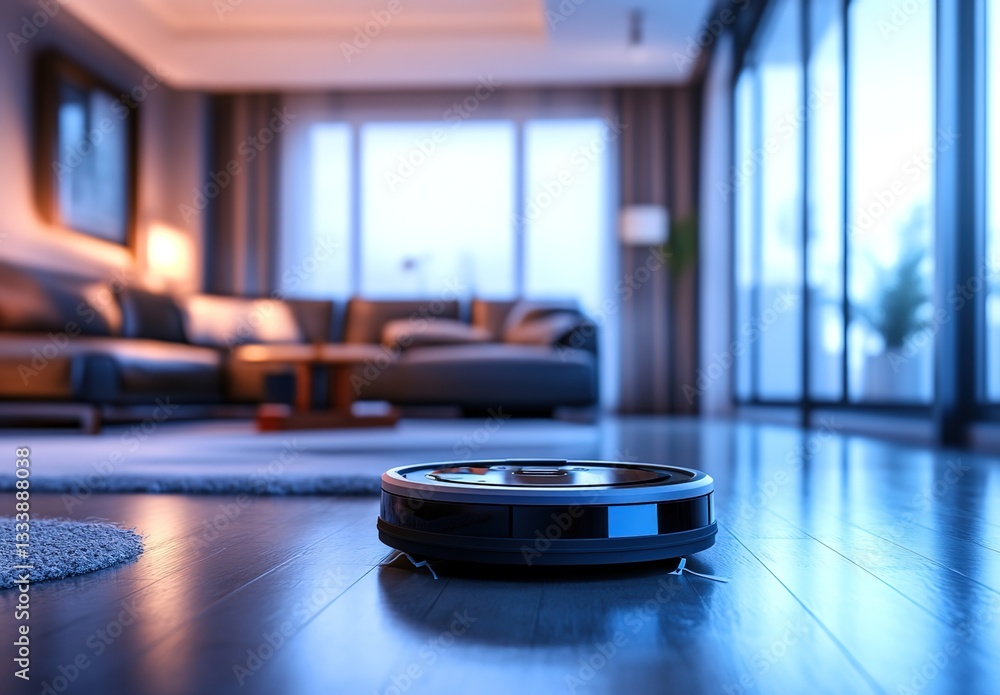 3D rendering of an advanced robotic vacuum cleaner in the center, with a sleek design and smart technology features, moving across polished concrete flooring. 3D rendering of an advanced robotic vacuum cleaner in the center, with a sleek design and smart technology features, moving across polished concrete flooring.