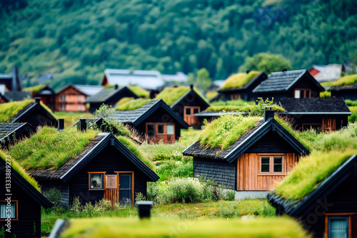 Wallpaper Mural Scandinavian village with traditional wooden houses featuring green roofs, blending seamlessly into the lush natural landscape Torontodigital.ca