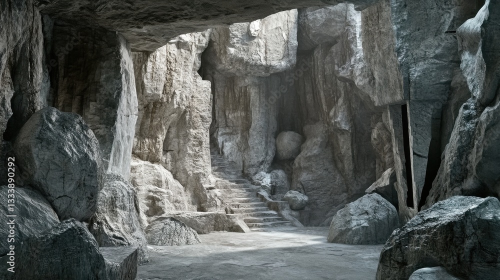 Fototapeta premium Serene Cave Interior with Rock Formations and Steps Leading Upward