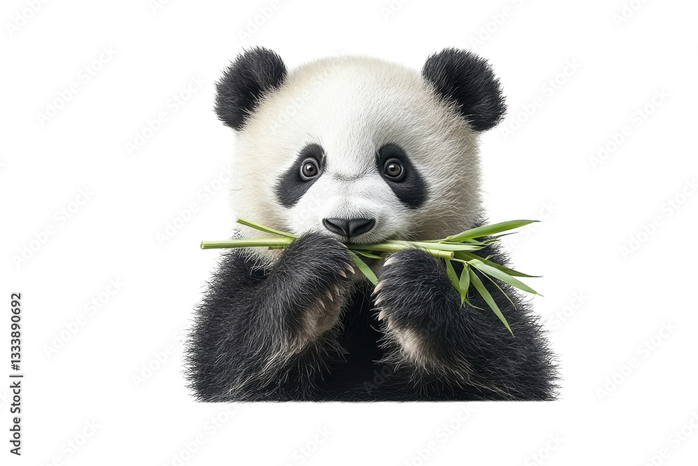 Naklejka premium An Adorable Baby Panda Enjoying A Delicious Bamboo Snack Against A Pristine Isolated on Transparent Background Showcasing Its Fluffy Fur And Captivating Eyes