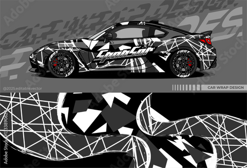 Car wrap design vector with black and white colour. Abstract decal livery. Sticker vinyl body car. Suitable for racing, drift, rally or daily use 
