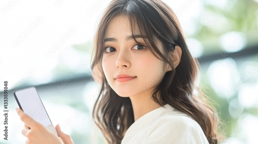 Enhancing Customer Experience in Retail and E-Commerce, woman holding smartphone with soft smile Enhancing Customer Experience in Retail and E-Commerce, woman holding smartphone with soft smile