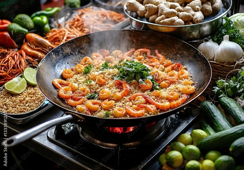 A vibrant and colorful scene of an exotic street food festival, showcasing various international dishes sizzling hot in wok pans with shrimp and rice on the stove. A vibrant and colorful scene of an exotic street food festival, showcasing various international dishes sizzling hot in wok pans with shrimp and rice on the stove.