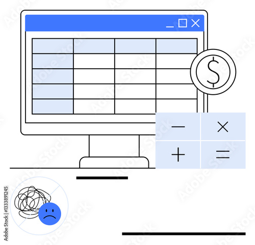 Digital financial spreadsheet on monitor, calculator symbols, and sad emoticon representing budgeting issues. Ideal for finance, accounting, budgeting, problem-solving, crisis, analysis flat simple