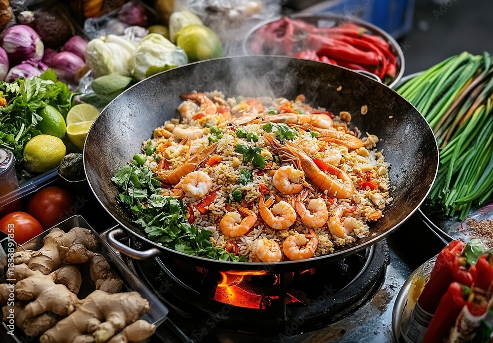 A vibrant and colorful scene of an exotic street food festival, showcasing various international dishes sizzling hot in wok pans with shrimp and rice on the stove. A vibrant and colorful scene of an exotic street food festival, showcasing various international dishes sizzling hot in wok pans with shrimp and rice on the stove.