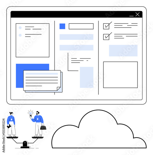 Digital interface displaying tasks, checklists, and messages with cloud storage. Balancing individuals presenting innovation and efficiency. Ideal for teamwork, decision-making, cloud computing