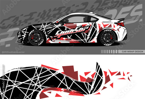 Car wrap design vector with black, white, red colour. Abstract decal livery. Sticker vinyl body car. Suitable for racing, drift, rally or daily use 
