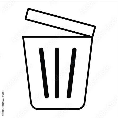 Minimalist black and white trash bin icon with open lid. Garbage can, bin waste bin, dustbin, dumpster icon vector illustration.