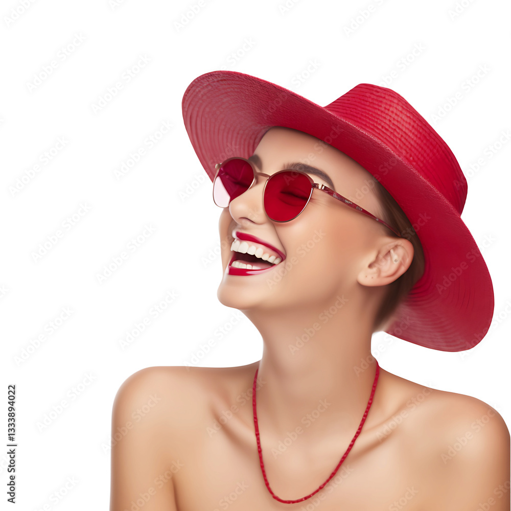 Radiant in Red: A woman's joy shines through as she wears a vibrant red hat and sunglasses, captured in a moment of pure happiness. Radiant in Red: A woman's joy shines through as she wears a vibrant red hat and sunglasses, captured in a moment of pure happiness.