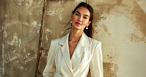 Fashion model showcases elegant outfit in urban setting during golden hour