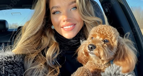 Beautiful woman enjoys a car ride with her adorable poodle on a sunny day