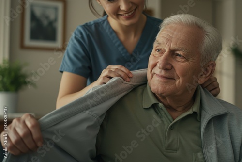 CLose up shot of a senior man sitting and looking ahead of him, smiling. There is a female carer helping him take off his jacket.