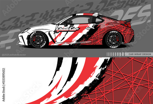 Car wrap design vector with black, white, red colour. Abstract decal livery. Sticker vinyl body car. Suitable for racing, drift, rally or daily use 

