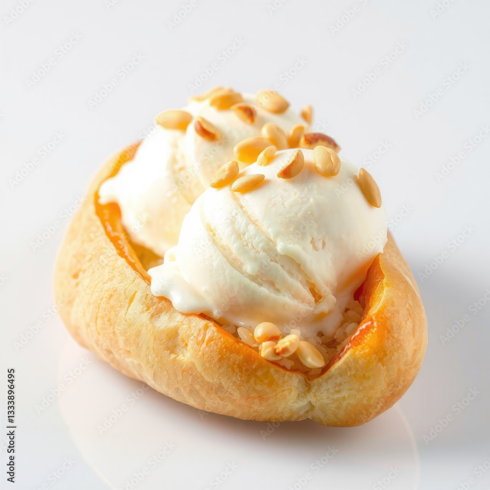 Coconut milk ice cream served in a hotdog bun, topped with a sprinkle of crunchy peanuts for added texture and flavor, Perfect for summer. Coconut milk ice cream served in a hotdog bun, topped with a sprinkle of crunchy peanuts for added texture and flavor, Perfect for summer.