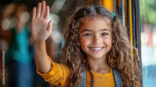 Girl waves goodbye from school bus window
