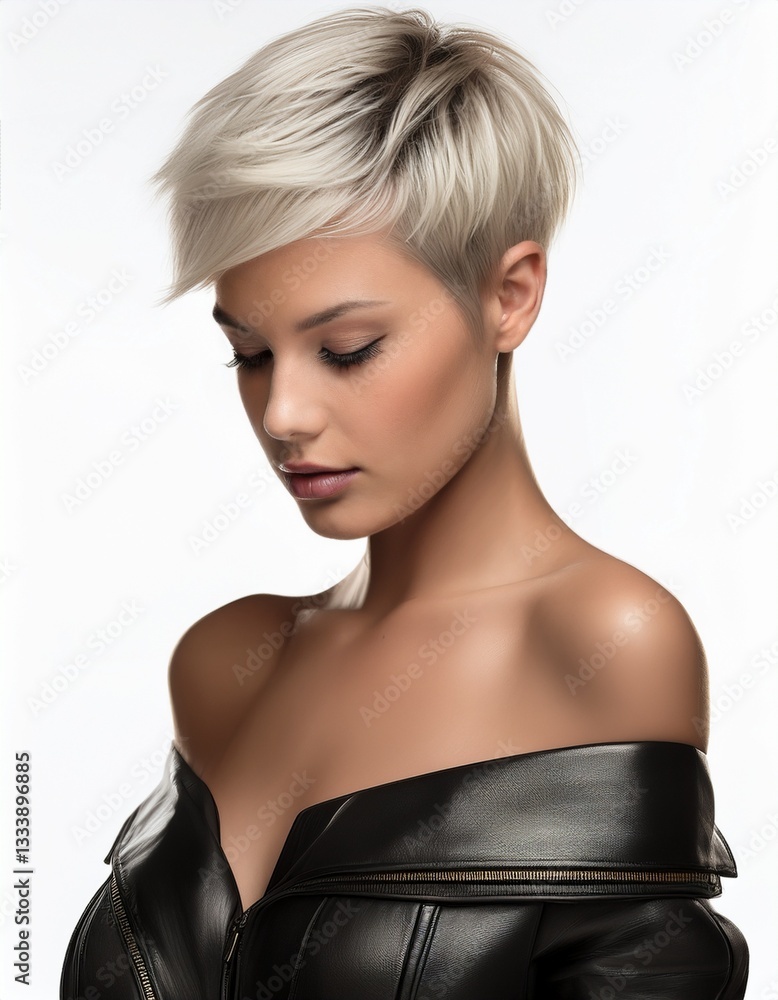 © Roberto - studio portrait of a blonde woman looking down with short hair wearing a low cut black leather dress top with nude shoulders on a white background, fashion photography © Roberto - studio portrait of a blonde woman looking down with short hair wearing a low cut black leather dress top with nude shoulders on a white background, fashion photography