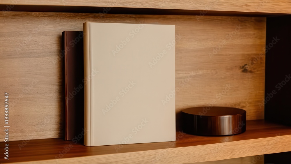 Fototapeta premium Blank book mockup on a wooden shelf with vintage decor for creative projects.