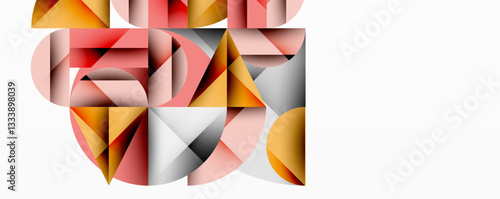 Abstract geometric artwork with overlapping circles and gradients, circle square triangle shapes background featuring sharp angular cuts, smooth shading, and structured layered composition