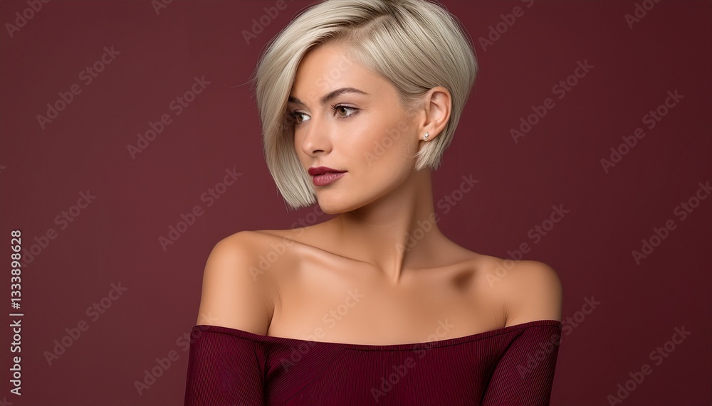Fototapeta premium studio portrait of a blonde woman looking left with short hair wearing a low cut dark red bordeaux top on a bordeaux background, fashion photography