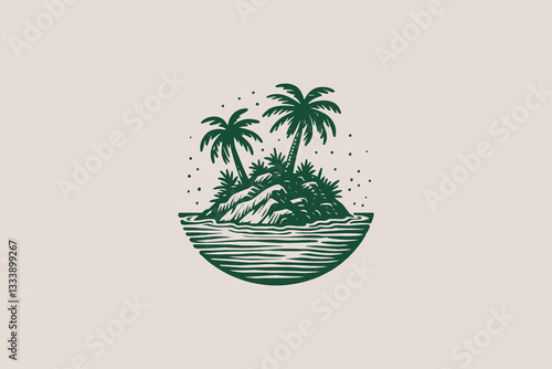 Tropical uninhabited island. Hand drawn vector vintage illustration, emblem, logo, isolated