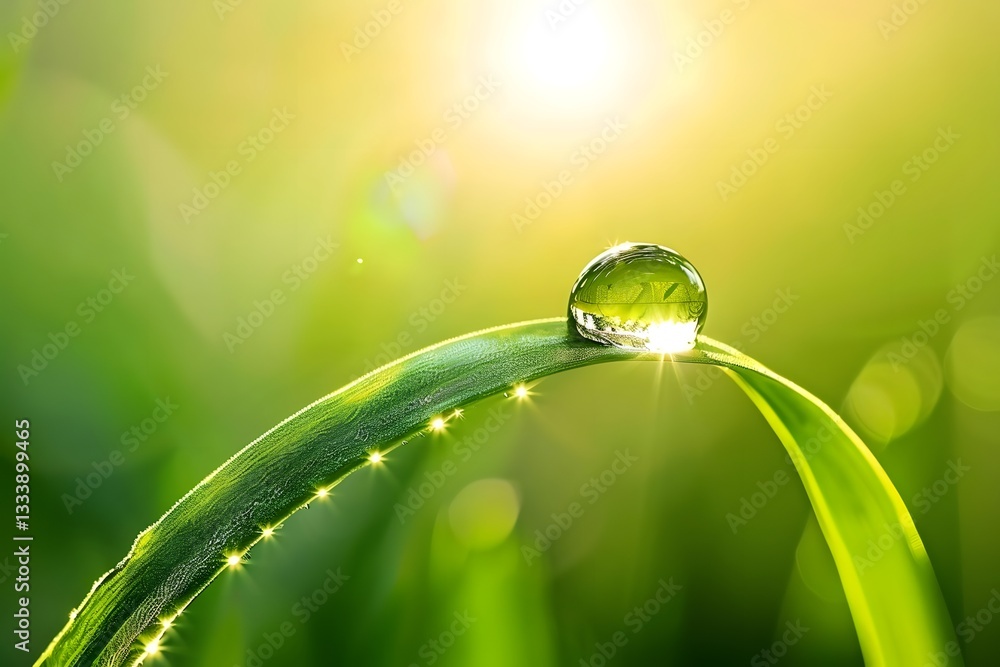Nature's Dewdrop: A Sparkling Water Droplet Rests on a Vibrant Green Leaf Blade in the Morning Sunlight, Reflecting the Beauty of Nature's Simplicity and Serenity. Nature's Dewdrop: A Sparkling Water Droplet Rests on a Vibrant Green Leaf Blade in the Morning Sunlight, Reflecting the Beauty of Nature's Simplicity and Serenity.