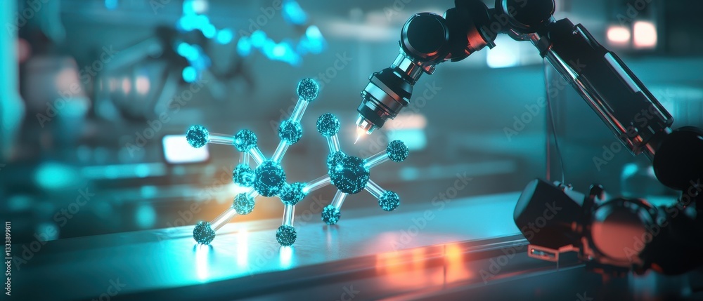 A robotic arm interacts with molecular structures in a futuristic lab setting, showcasing advanced technology and scientific exploration. A robotic arm interacts with molecular structures in a futuristic lab setting, showcasing advanced technology and scientific exploration.