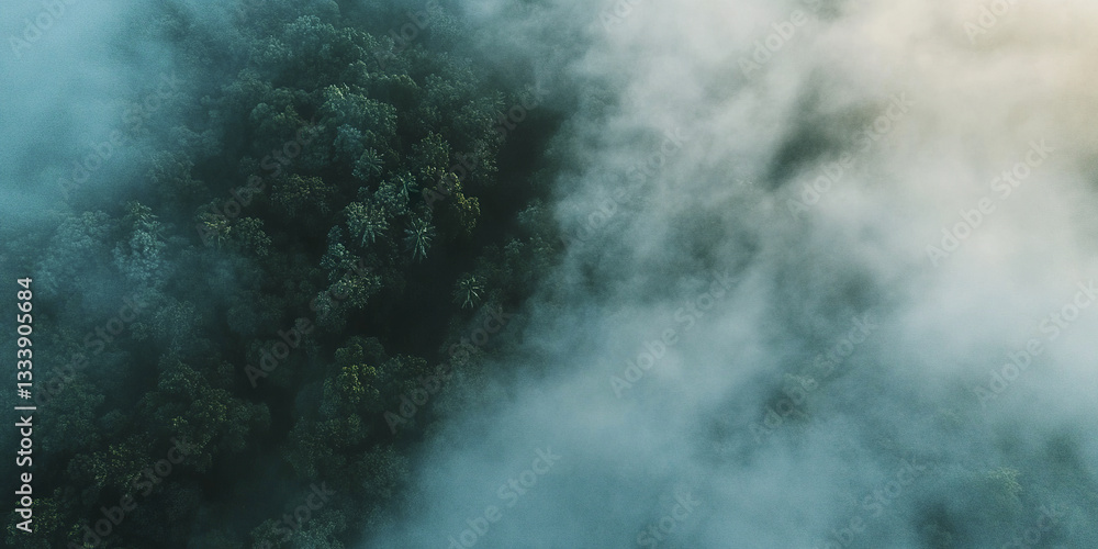 Aerial view of misty tropical forest in morning light Aerial view of misty tropical forest in morning light