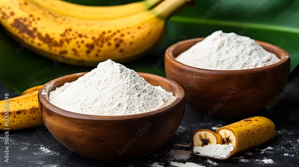 Fototapeta premium Organic Banana Flour in Wooden Bowls with Ripe Bananas