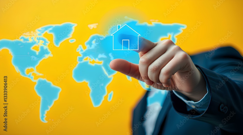 businessman pointing at an illuminated digital world map, representing business expansion and global investment businessman pointing at an illuminated digital world map, representing business expansion and global investment