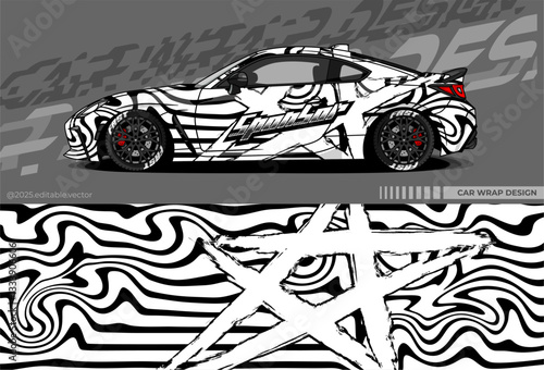 Car wrap design vector with black and white colour. Abstract decal livery. Sticker vinyl body car. Suitable for racing, drift, rally or daily use 