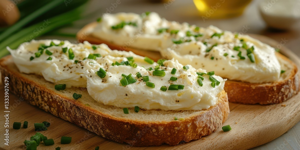 Creamy spread on toasted bread garnished with fresh chives in a cozy kitchen setting during afternoon light Creamy spread on toasted bread garnished with fresh chives in a cozy kitchen setting during afternoon light