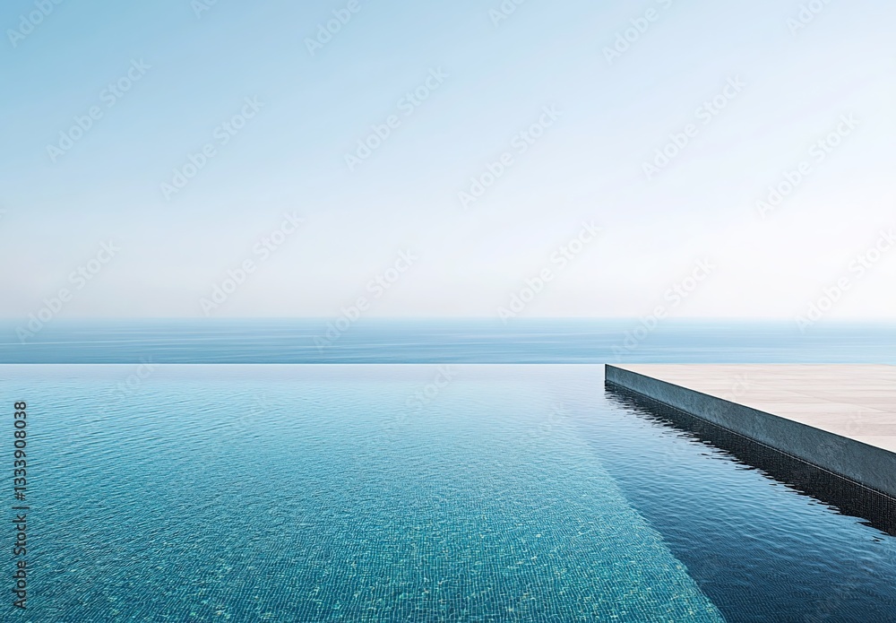 Minimalist pool with an ocean view, clear blue sky, modern architecture. Minimalist pool with an ocean view, clear blue sky, modern architecture.