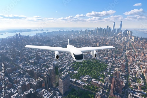 Drone flies over New York City, high view, urban landscape, blue sky background