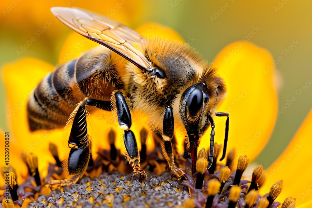 Honeybee Close-Up. Detailed Exploration of Honeybee Anatomy, Behavior, and Pollination. Stunning Macro Photography of a Honeybee on a Sunflower. Insect's Crucial Role in Ecosystem Health and Biodivers Honeybee Close-Up. Detailed Exploration of Honeybee Anatomy, Behavior, and Pollination. Stunning Macro Photography of a Honeybee on a Sunflower. Insect's Crucial Role in Ecosystem Health and Biodivers