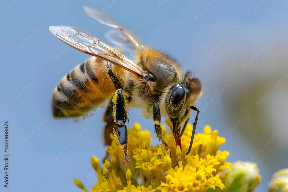 A Honeybee Gathers Pollen from Bright Yellow Flowers. Sunny Day. Nature's Vital Pollination Process and Insect Life. Close-Up View Reveals Bee's Anatomy and Flower's Structure.
A Honeybee Gathers Pollen from Bright Yellow Flowers. Sunny Day. Nature's Vital Pollination Process and Insect Life. Close-Up View Reveals Bee's Anatomy and Flower's Structure.