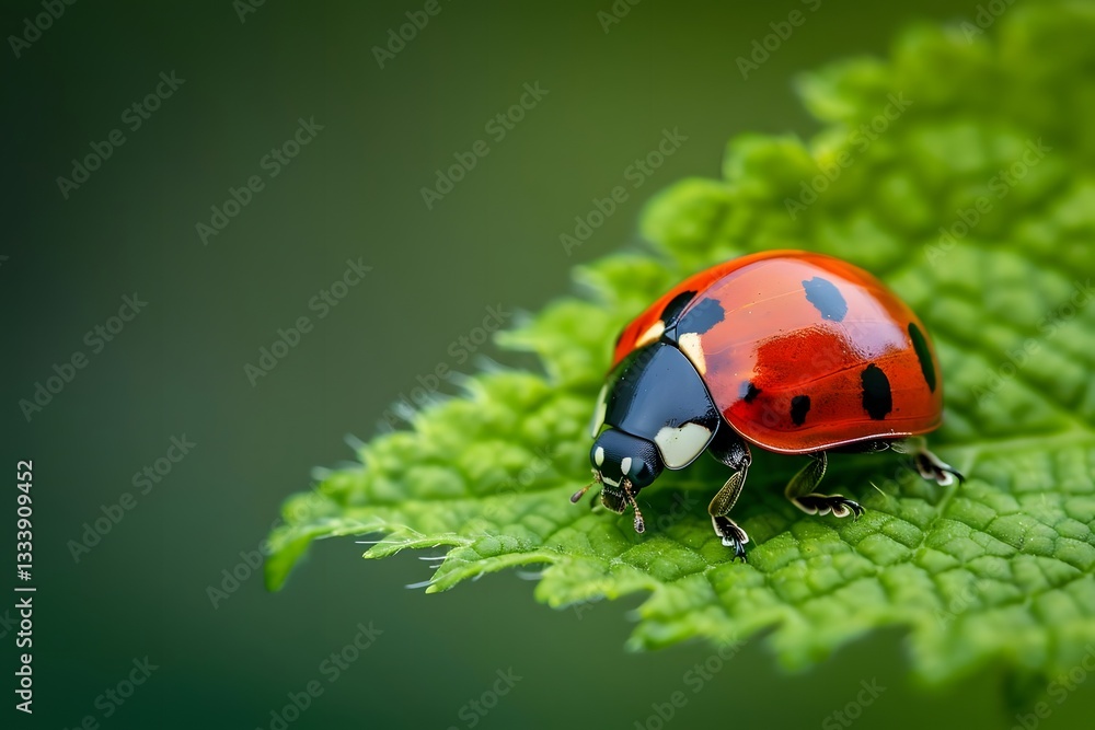 Fototapeta premium Ladybug Crawls on Vibrant Green Leaf. Close-Up View of Insect. Detailed Texture and Color. Beautiful Details of Nature's Wonders. Exploring Tiny Worlds. Magnifying Insect Beauty. 