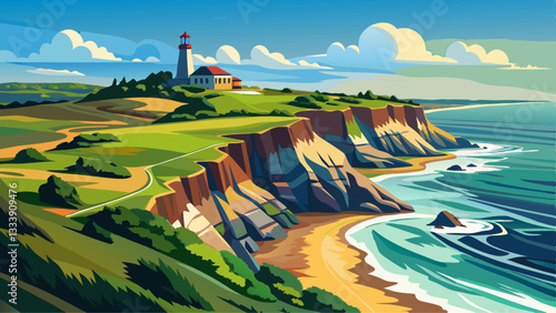 View of the Atlantic Ocean and cliffs and Montauk Point State Park, The Hamptons, New York