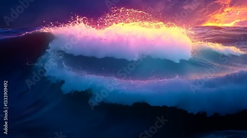 Vibrant sunset over tumultuous ocean waves, capturing the dynamic interplay of light and water