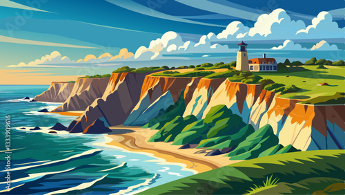 View of the Atlantic Ocean and cliffs and Montauk Point State Park, The Hamptons, New York