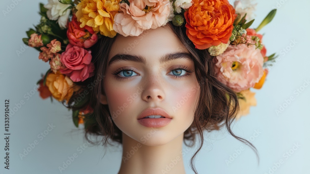 A model exudes confidence, adorned with a vibrant floral crown, set against a stark white backdrop, radiating the elegance of nature artistry. A model exudes confidence, adorned with a vibrant floral crown, set against a stark white backdrop, radiating the elegance of nature artistry.
