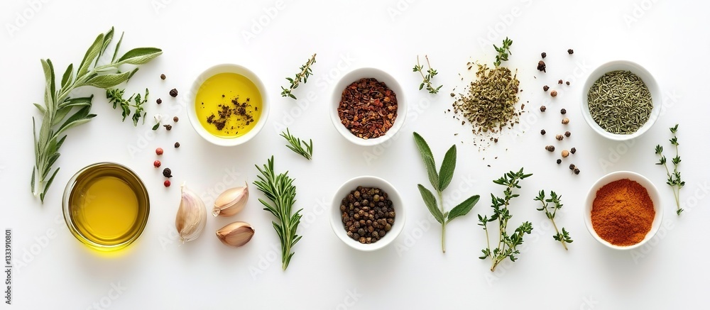 A flat lay of various spices and herbs on a white background, representing the diversity in cooking with colorful ingredients like red chili powder and rosemary leaves. A flat lay of various spices and herbs on a white background, representing the diversity in cooking with colorful ingredients like red chili powder and rosemary leaves.