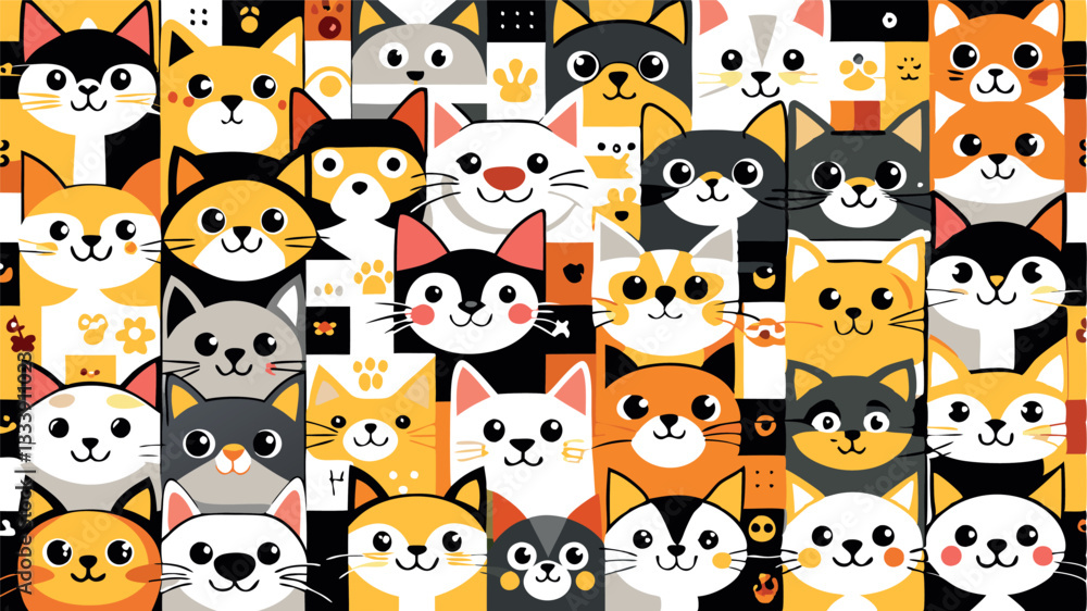 Obraz premium A mosaic pattern of many charming cat faces. Each cat is unique in color, facial expression and fur texture.