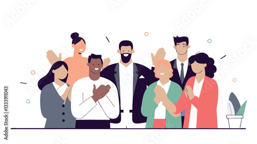 A group of employees in an office applauds in unison, welcoming a new colleague. Everyone is smiling, creating an atmosphere of unity and support.